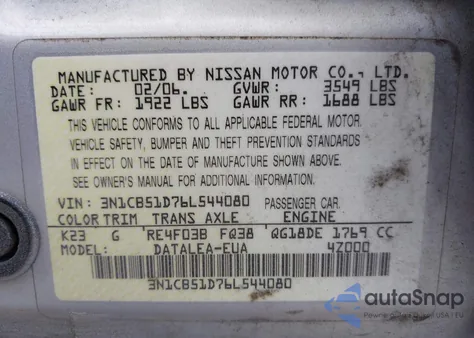 2006 Nissan Sentra 1.8S z USA, uszkodzony, nr VIN 3N1CB51D76L544080